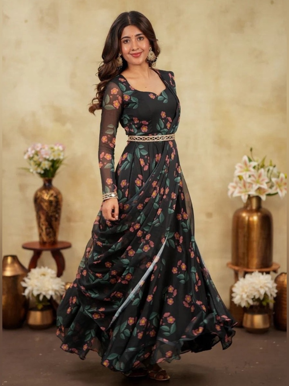Floral Black Draped Maxi Saree Dress with Gold Trim size Small